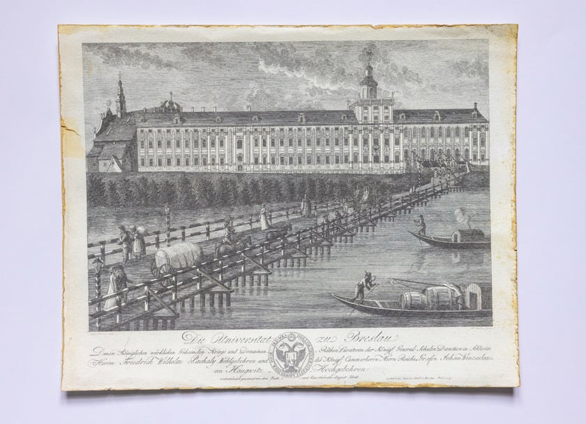 Rysunek Johanna Feldera &ndash; widok gmachu Uniwersytetu Wrocławskiego od p&oacute;łnocy i tak zwanego Długiego Mostu przez Odrę, ok. 1800