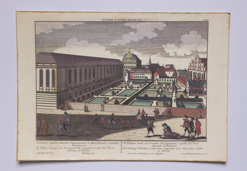 Rysunek Friedricha Bernharda Wernera &ndash; widok Pałacu Kr&oacute;lewskiego z klasztorem oo. Kapucyn&oacute;w Mniejszych od południa, ok. 1780