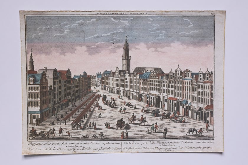 Rysunek Friedricha Bernharda Wernera &ndash; widok placu p&oacute;łnocnego Rynku zwanego Targiem Łakoci od wschodu, ok. 1780