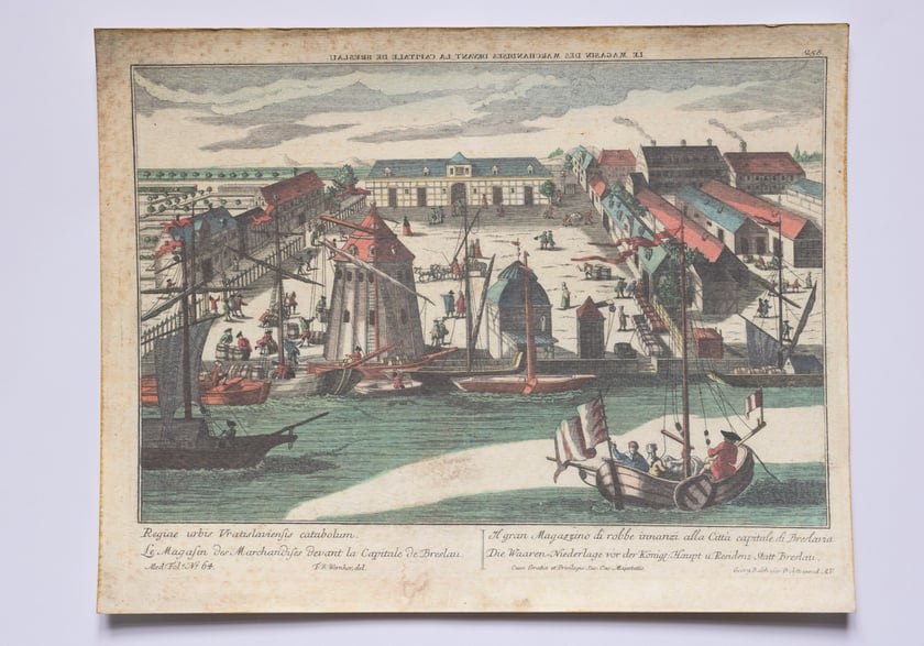Rysunek Friedricha Bernharda Wernera &ndash; widok portu i magazyn&oacute;w kupieckich na Kępie Mieszczańskiej, ok. 1780