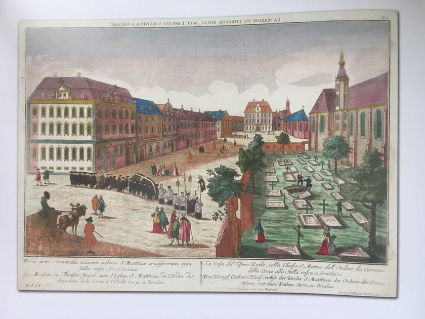 Rysunek Friedricha Bernharda Wernera &ndash; widok dzisiejszego pl. Nankiera od wschodu, ok. 1780
