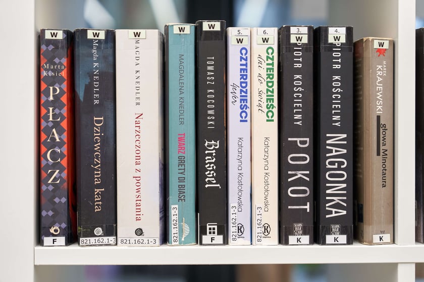 Książki z Wrocławiem w tle na specjalnym "wrocławskim" regale w bibliotece na Maślicach