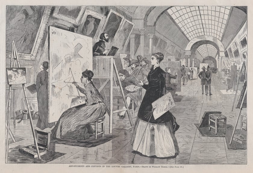Studentki szk&oacute;ł artystycznych i kopistki w Luwrze, rycina na podstawie rysunku Winslowa Homera, &bdquo;Harper's Weekly&rdquo;, 1869