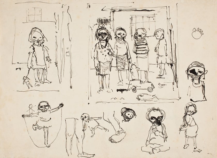 Waldemar Cwenarski, Szkice dzieci, 1952, tusz, papier, Muzeum Narodowe we Wrocławiu