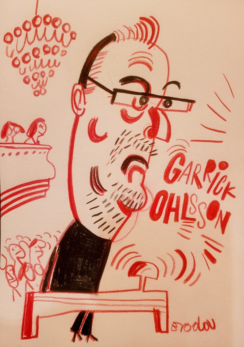Juror i przewodniczący Garrick Ohlsson na rysunku Tomasza Brody