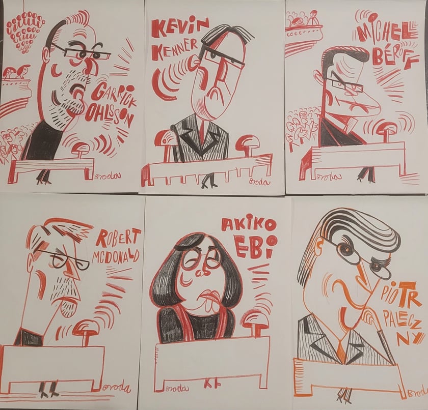 Gremium jurorskie Konkursuy Cjopinowskiego na rysunkach Tomasz Brody