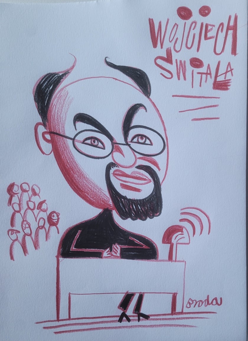 Juror Wojciech Świtała na rysunku Tomasza Brody