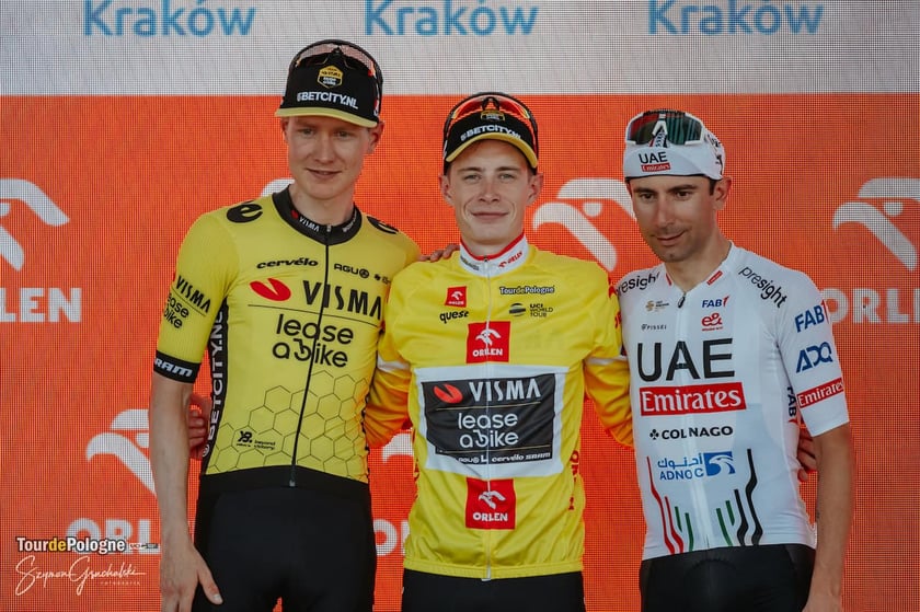 Pierwsza tr&oacute;jka Tour de Pologne 2024, od lewej: Wilco Kelderman (Team Visma | Lease a Bike), Jonas Vingegaard (Team Visma | Lease a Bike), Diego Ulissi (UAE Team Emirates)