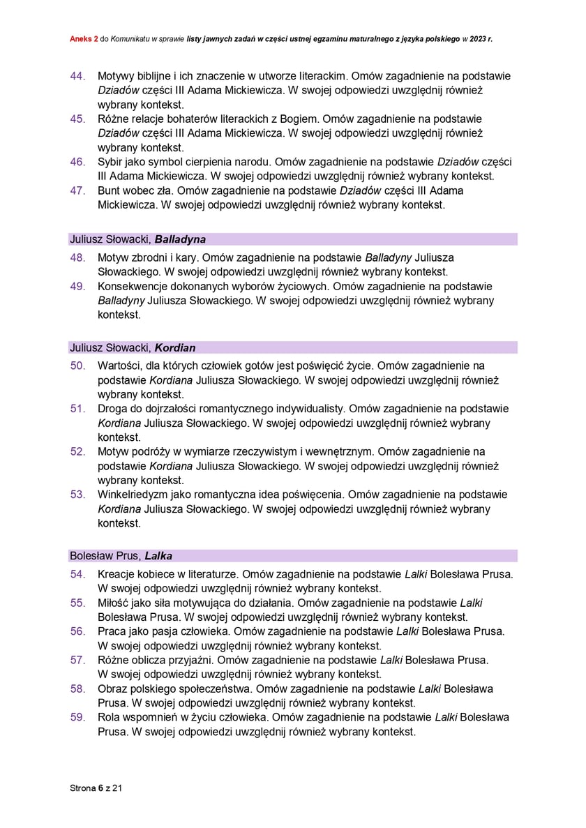 Lista jawnych zadań na maturę ustną z j. polskiego 2023