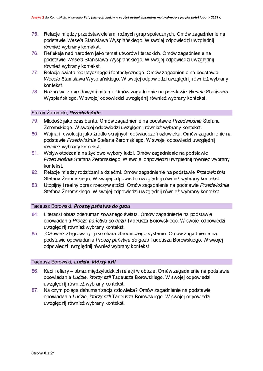 Lista jawnych zadań na maturę ustną z j. polskiego 2023
