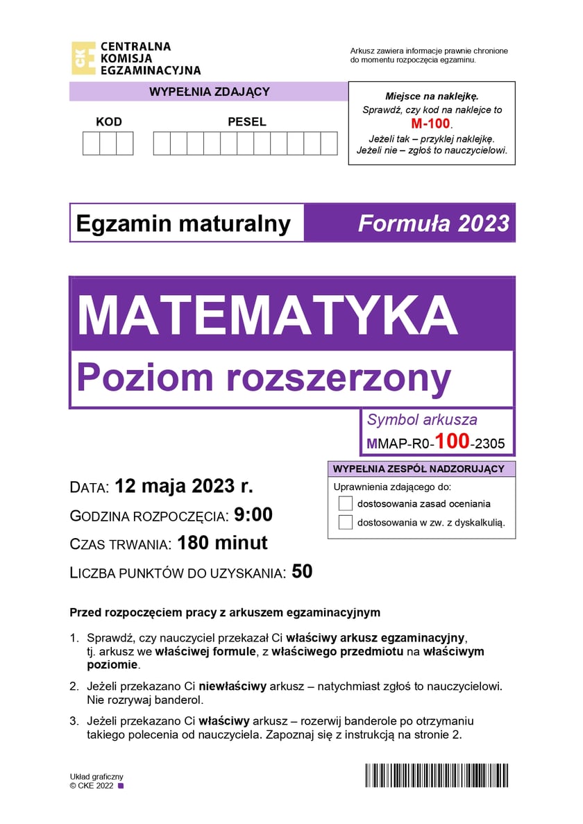 Arkusz z matematyki, poziom rozszerzony (formuła 2023)