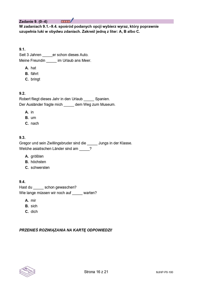 Arkusz z matury próbnej 2024 z języka niemieckiego z CKE - grudzień 2023