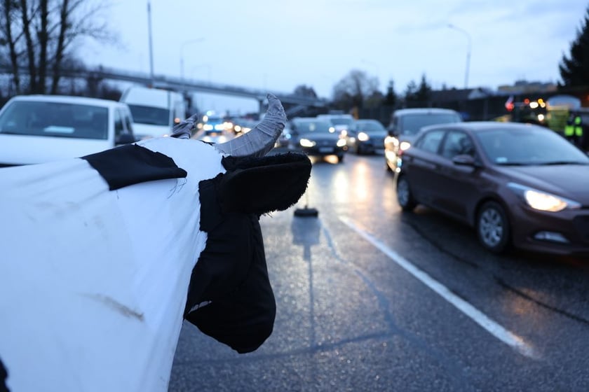 Rolnicy blokujący aleję Jana III Sobieskiego we Wrocławiu (poranek 12 lutego 2024)&nbsp;&nbsp;