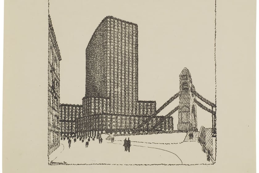 Max Berg przy wsp&oacute;łpracy Richarda Konwiarza, projekt nowego ratusza w formie wieżowca na miejscu dawnej gazowni miejskiej przy placu Powstańc&oacute;w Warszawy, wersja czterdziestokondygnacyjna, widok od strony mostu, 1919&ndash;1921