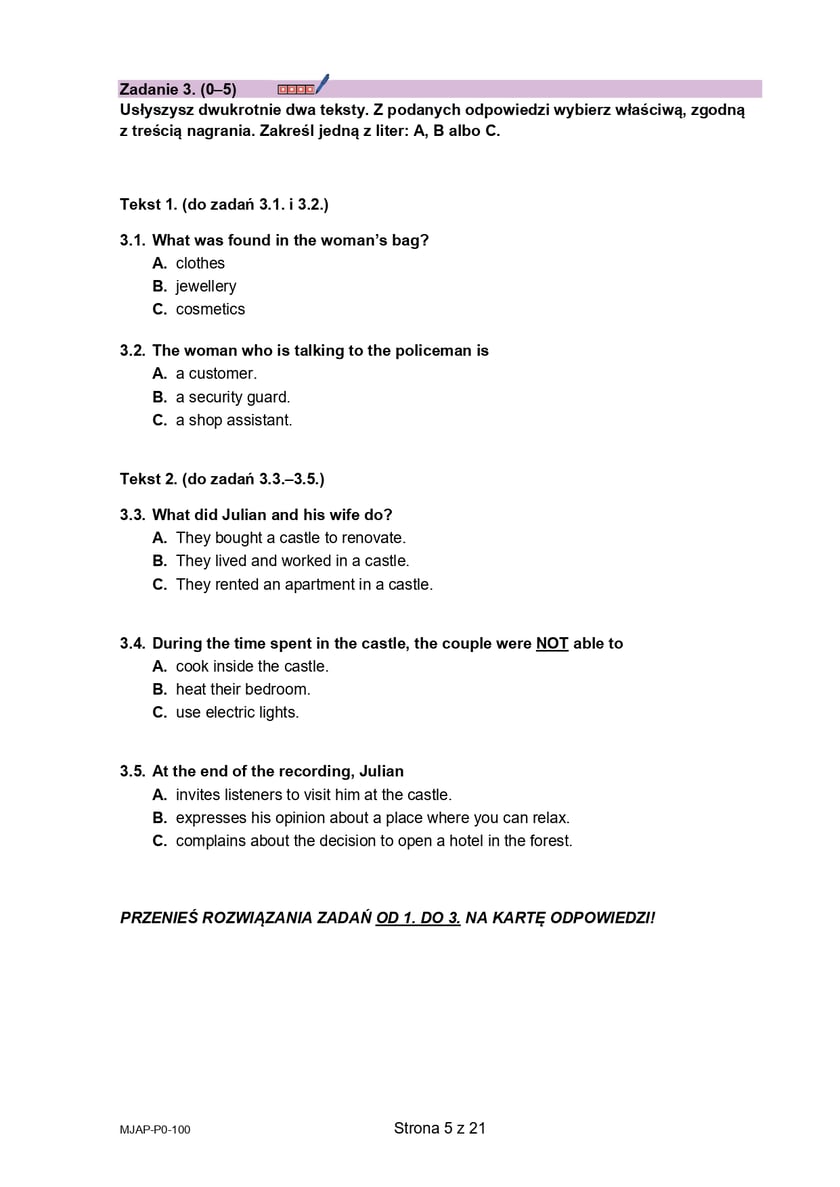 Arkusz CKE: Matura rozszerzona z języka angielskiego - wersja A