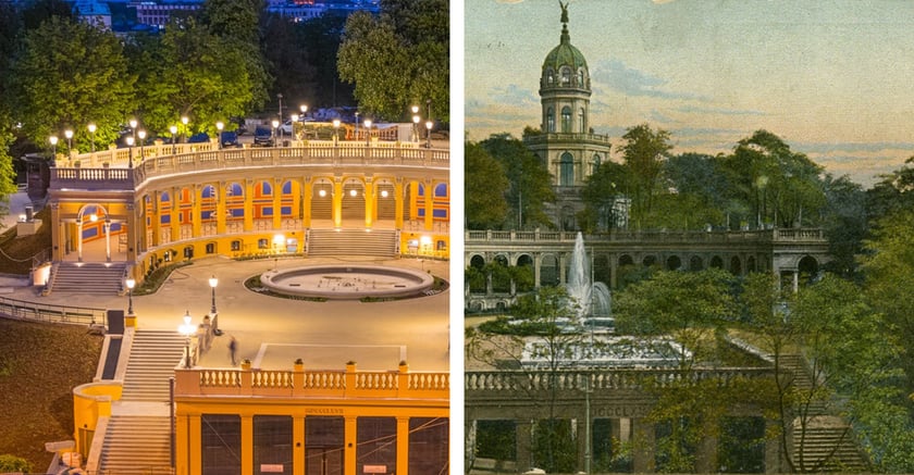 Na zdjęciu porównanie nowego (2024 rok) oraz dawnego (1867 rok) wyglądu Bastionu Sakwowego