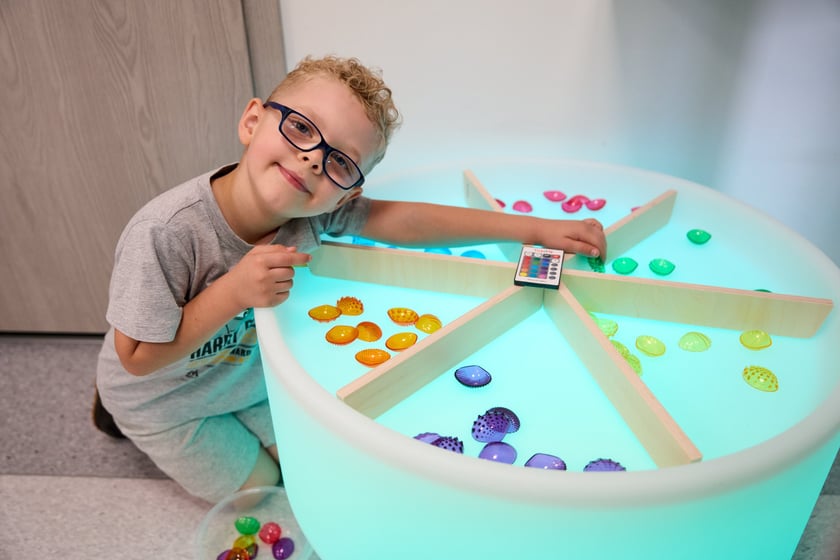 Sala integracji sensorycznej w przedszkolu integracyjnym nr 35 &bdquo;Tęczowy Domek&rdquo; przy ul. gen. K. Pułaskiego prezentowana podczas konferencji zorganizowanej 23 sierpnia z okazji uruchomienia we Wrocławiu 35 nowych sal