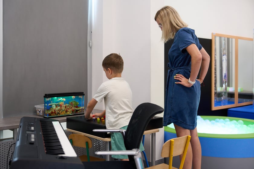 Sala integracji sensorycznej w przedszkolu integracyjnym nr 35 &bdquo;Tęczowy Domek&rdquo; przy ul. gen. K. Pułaskiego prezentowana podczas konferencji zorganizowanej 23 sierpnia z okazji uruchomienia we Wrocławiu 35 nowych sal