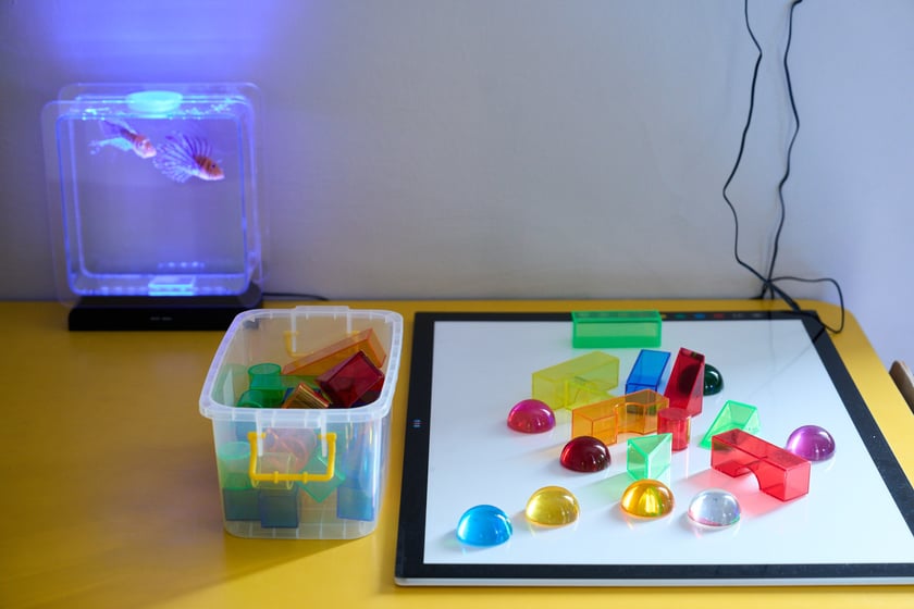 Sala integracji sensorycznej w przedszkolu integracyjnym nr 35 &bdquo;Tęczowy Domek&rdquo; przy ul. gen. K. Pułaskiego prezentowana podczas konferencji zorganizowanej 23 sierpnia z okazji uruchomienia we Wrocławiu 35 nowych sal