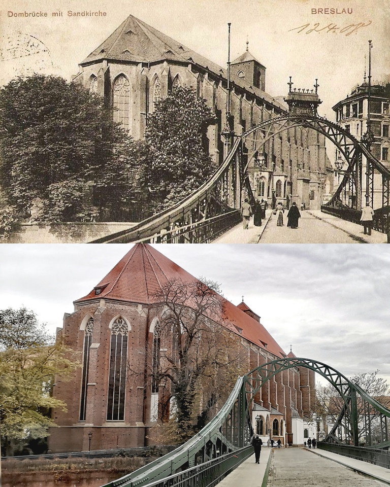 Współczesne i przedwojenne zdjęcia Wrocławia, most Tumski, ul. Najświętszej Marii Panny