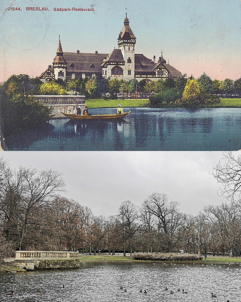 Park Południowy (niem.Südpark) i widok na elewację frontową nieistniejącej już restauracji Georga Haasego.