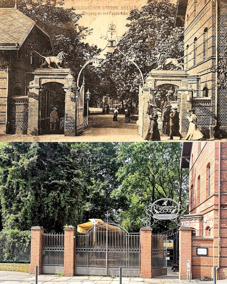 Współczesne i przedwojenne zdjęcia Wrocławia, ul. Wróblewskiego, restauracja obok zoo