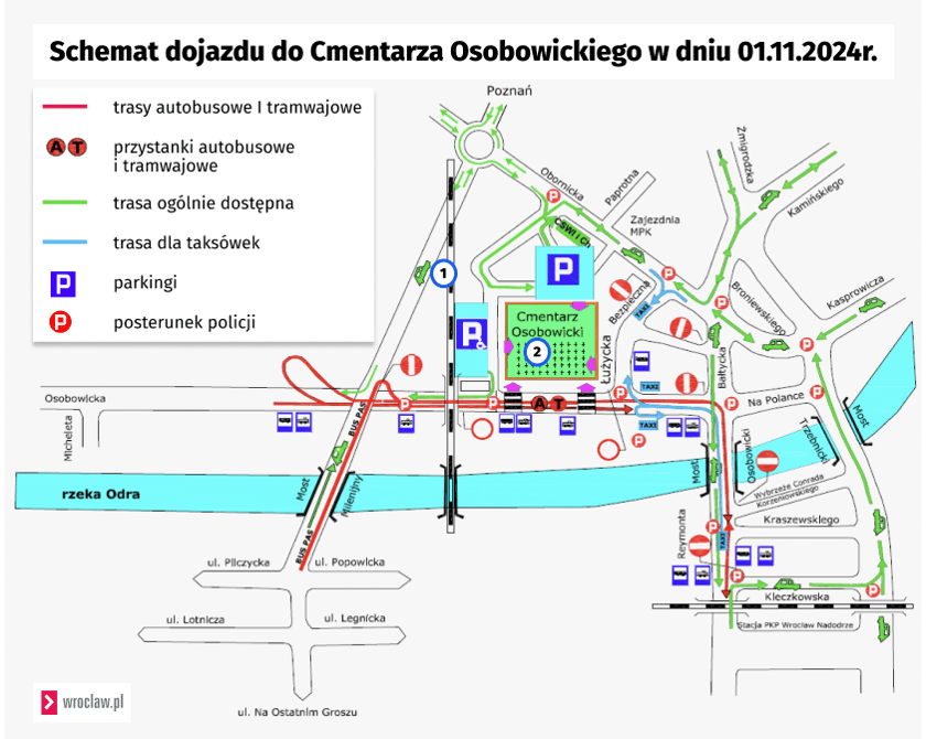 Mapa przedstawia organizację ruchu w pobliżu cmentarza Osobowickiego