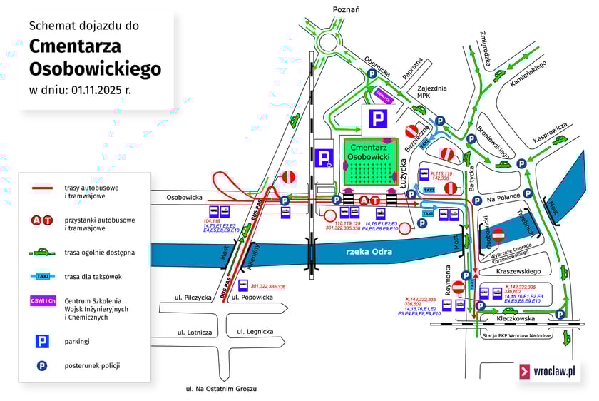 Mapa przedstawia organizację ruchu w okolicy cmentarza Osobowickiego