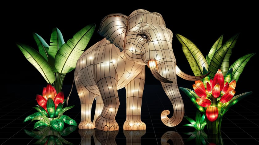 Iluminacja ze słoniem. Ogrody Światła: Garden of Lights Dzika Azja w zoo Wrocław&nbsp;