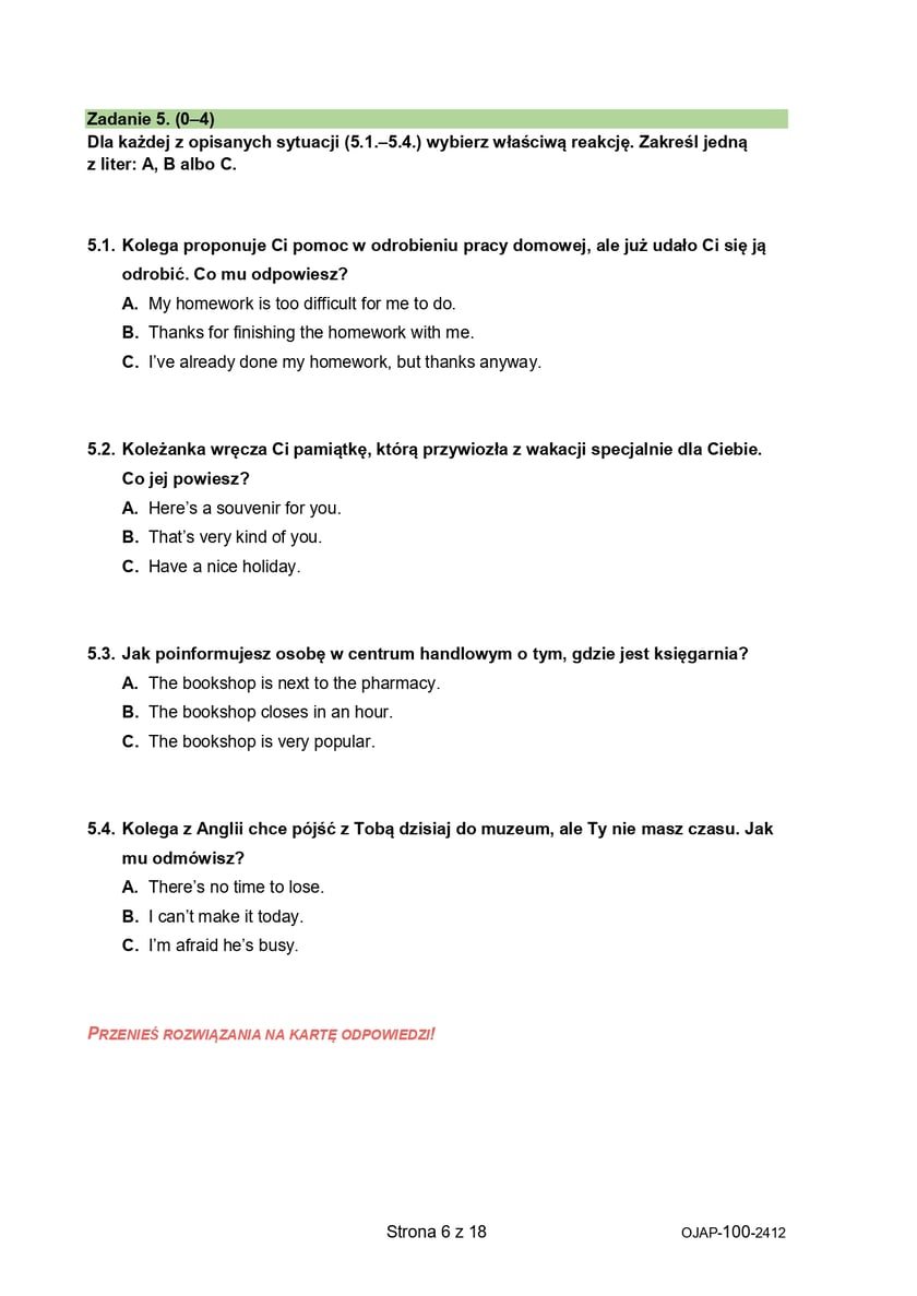 Arkusz: próbny egzamin ósmoklasisty 2024/2025 z CKE - język angielski, 4 grudnia 2024