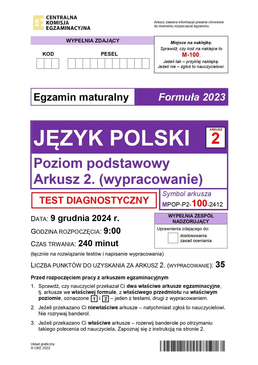 Arkusz nr 2: matura próbna z języka polskiego 2025 - poziom podstawowy, 9 grudnia 2024