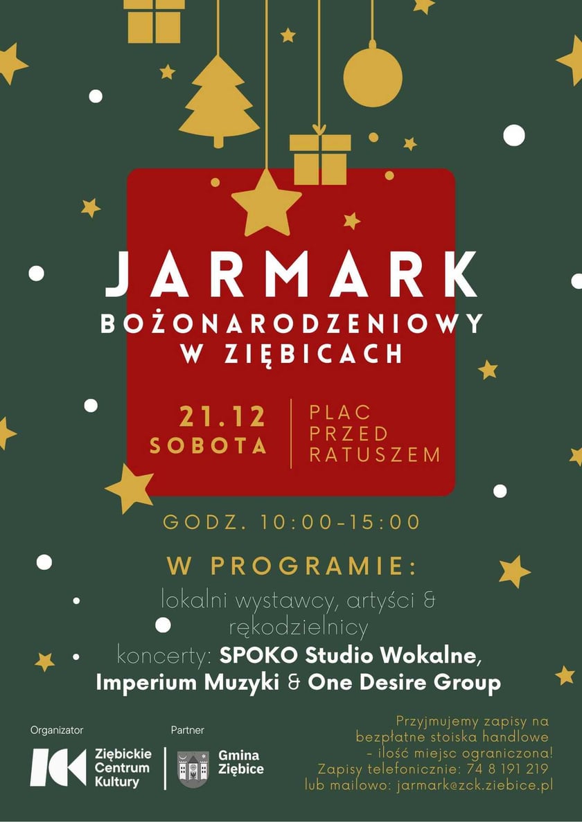 Program jarmarku w Ziębicach, 21 grudnia, godz. 10-15