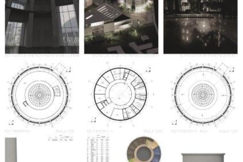 Pierwszą nagrodę przyznano r&oacute;wnież Damianowi Garbuli za pracę &bdquo;Centrum multimedialne&rdquo;, kt&oacute;ra powstała jako projekt na zajęciach prowadzonych przez dr inż. arch. Elżbietę Komarzyńską-Świeściak. Jury doceniło autora za "konsekwentne rozwiązanie budynku wielofunkcyjnego na planie koła w istniejącej strukturze EC Czechnica".
Student zaprojektował nowy, 30-metrowy budynek, kt&oacute;ry wsp&oacute;łgrałby z istniejącą chłodnią kominową &ndash; planowaną na centrum wystawiennicze. Chłodnia i okrągłe centrum multimedialne byłyby skomunikowane łącznikiem na sz&oacute;stym piętrze.
Uwagę sądu konkursowego zwr&oacute;cił program funkcjonalny budynku, składający się z części edukacyjnej, laboratori&oacute;w i restauracji. Jurorom spodobało się też uwolnienie centrum planu poprzez lokalizację trzon&oacute;w komunikacyjnych w pasie zewnętrznym.
"Pozwoliło to na lokalizację części wsp&oacute;lnych w tym najbardziej charakterystycznym miejscu budynku. Jednolite i powściągliwe elewacje stanowią tło dla unikalnego otoczenia" &ndash; podkreślało jury.
- Forma nowego obiektu nawiązywałaby do sąsiednich chłodni i wpisywałaby się w industrialny charakter otoczenia &ndash; opowiada autor. - Budynek jest wynikową decyzji podjętych na etapie projektowania planistycznego, kt&oacute;re wykonaliśmy grupowo. Zar&oacute;wno forma, jak i funkcja spełniają założenia wynikające z analiz. Kształt projektowanego budynku płynnie odsłaniałby przed odbiorcą scenerię okolicznej zabytkowej zabudowy.
