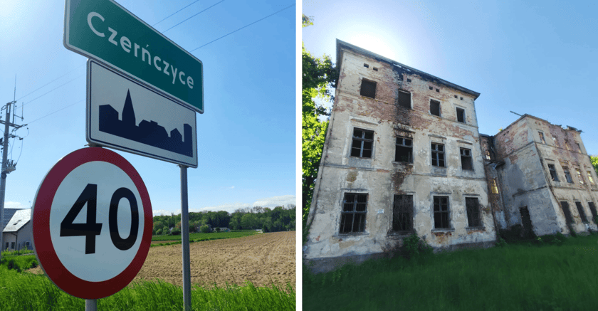 Czerńczyce, tablica przy wjeździe do wsi oraz ruiny dawnego pałacu von Zedlitza