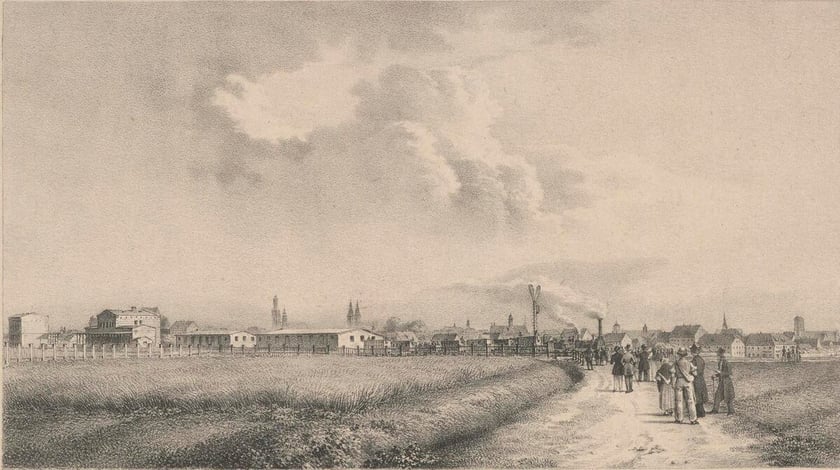 Wizja pierwszego pociągu odjeżdżającego z Wrocławia, grafika powstała przed 1836 rokiem.