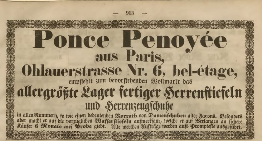 Breslauer Zeitung, nr 119, 26 maja 1842. Ogłoszenie zagkładu Ponce Penoyee