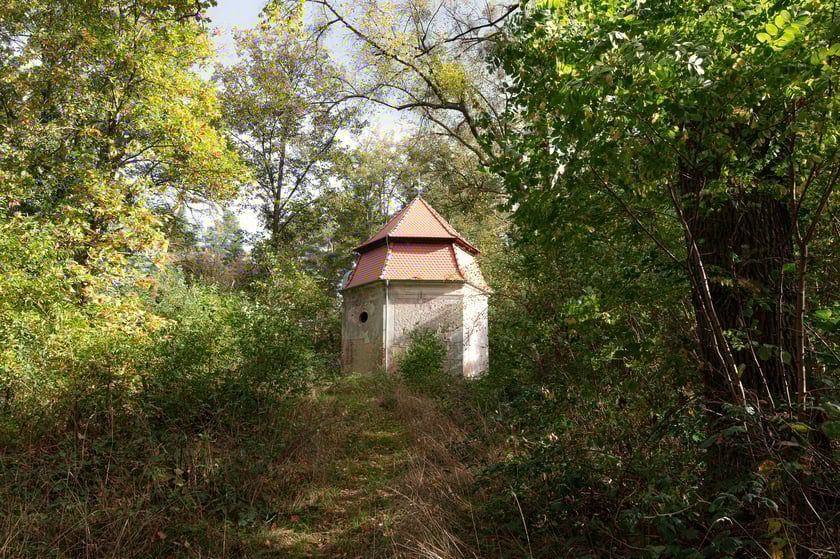 Mauzoleum Hochberg&oacute;w w Wąbnicach - budynek w środku lasu