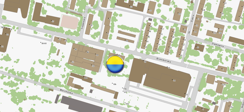 Mapa Wrocławia z zaznaczonym punktem Blue Dot przy ul. Braniborskiej 40