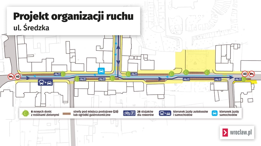 Mapa przedstawia organizację ruchu na ul. Średzkiej.