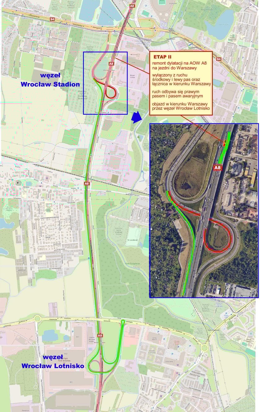 AOW. Utrudnienia&nbsp;
Jednocześnie wykonawca deklaruje, że w przypadku sprzyjających warunk&oacute;w atmosferycznych poszczeg&oacute;lne etapy prac mogą zostać skr&oacute;cone.
Wymiana dylatacji na jezdni autostrady zakończy utrudnienia, a prace wykończeniowe będą prowadzone już tylko pod obiektem.