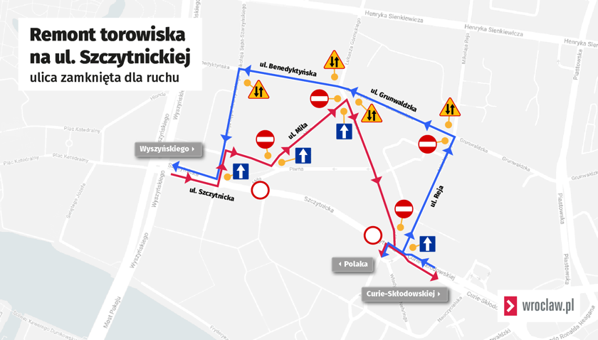 Trasy objazdów zamkniętego przez remont torowiska fragmentu ul. Szczytnickiej
