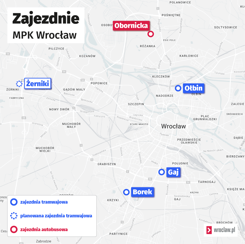 Mapa przedstawia lokalizację zajezdni MPK Wrocław