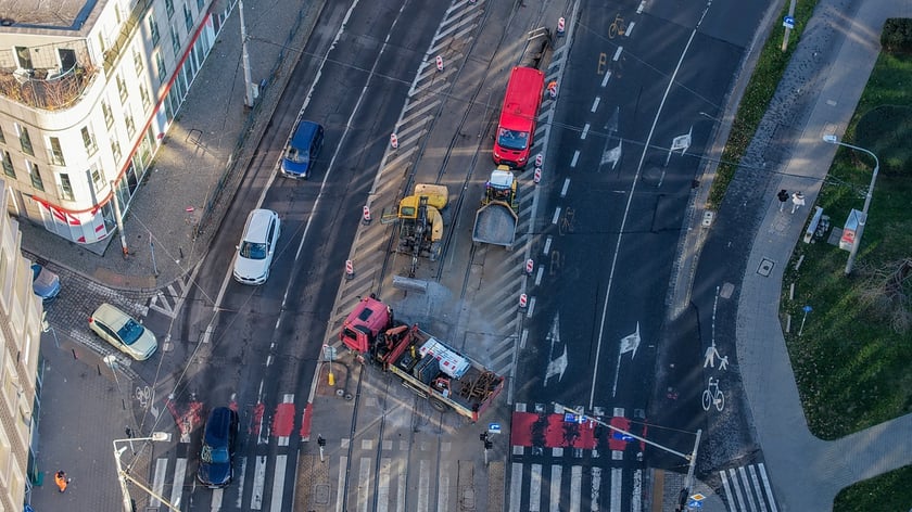 Rozpoczęcie robót budowlanych przy węźle Drobnera - Dubois. Widok z lotu ptaka
