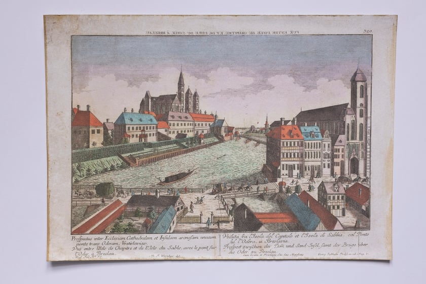 Rysunek Friedricha Bernharda Wernera &ndash; widok Ostrowa Tumskiego i Wyspy Piaskowej, ok. 1780
