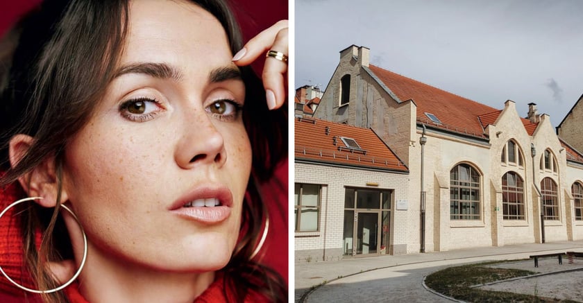 Z lewej: Olga Bołądź, z prawej: sala gimnastyczna Szkoły Podstawowej nr 73