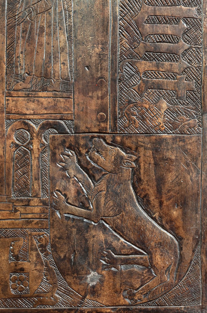 Detal z płyty nagrobnej biskupa Piotra II Nowaka z katedry św. Jana Chrzciciela we Wrocławiu, 1450&ndash;1456 r.