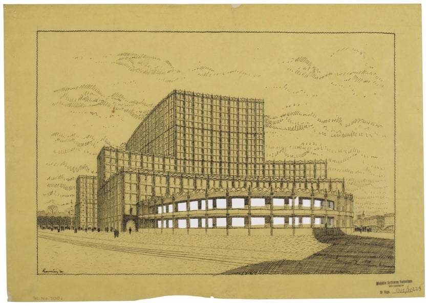 Max Berg przy wsp&oacute;łpracy Richarda Konwiarza, projekt nowego ratusza w formie wieżowca na miejscu dawnej gazowni miejskiej przy placu Powstańc&oacute;w Warszawy, wersja dwudziestokondygnacyjna, widok od strony placu, 1919&ndash;1921