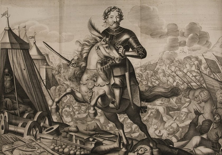 Johann Tscherning według Johanna Jacoba Eybelwiesera &ndash; Portret konny kr&oacute;la Jana III Sobieskiego na tle bitwy pod Wiedniem