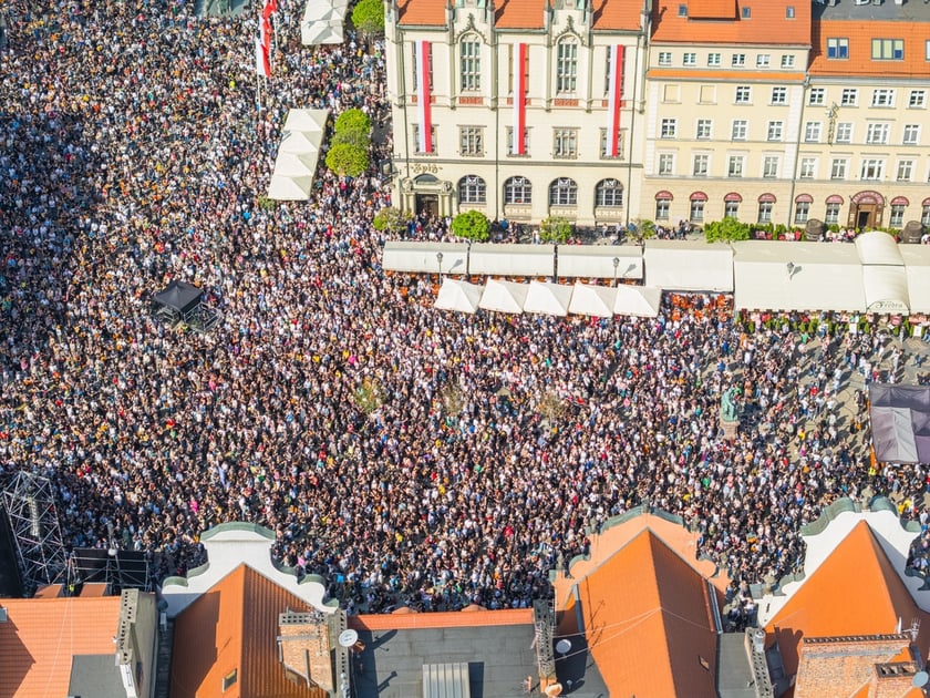 Gitarowy Rekord Świata 2025 na wrocławskim rynku na zdjęciach z drona