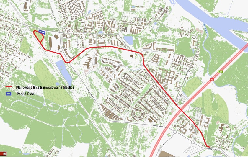 Powiększ obraz: Planowany przebieg linii tramwajowej na Maślice